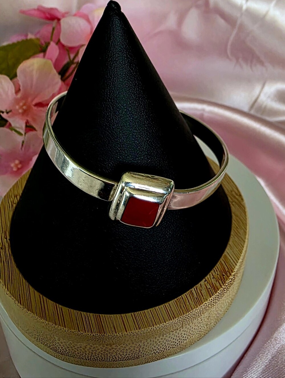 Vintage Mexico Red Sterling Silver 925 Cuff Bracelet